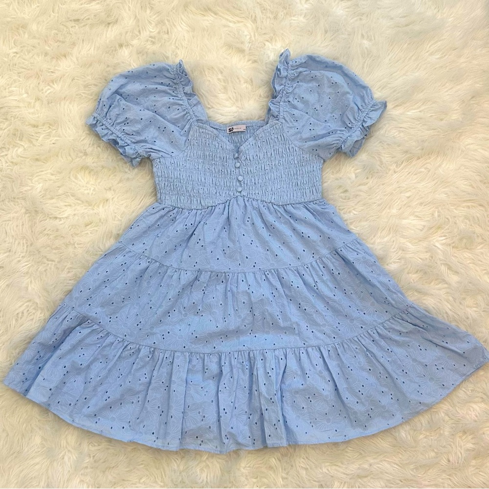 Beautiful Blue Cotton Eyelet Tiered Dress - Size Large